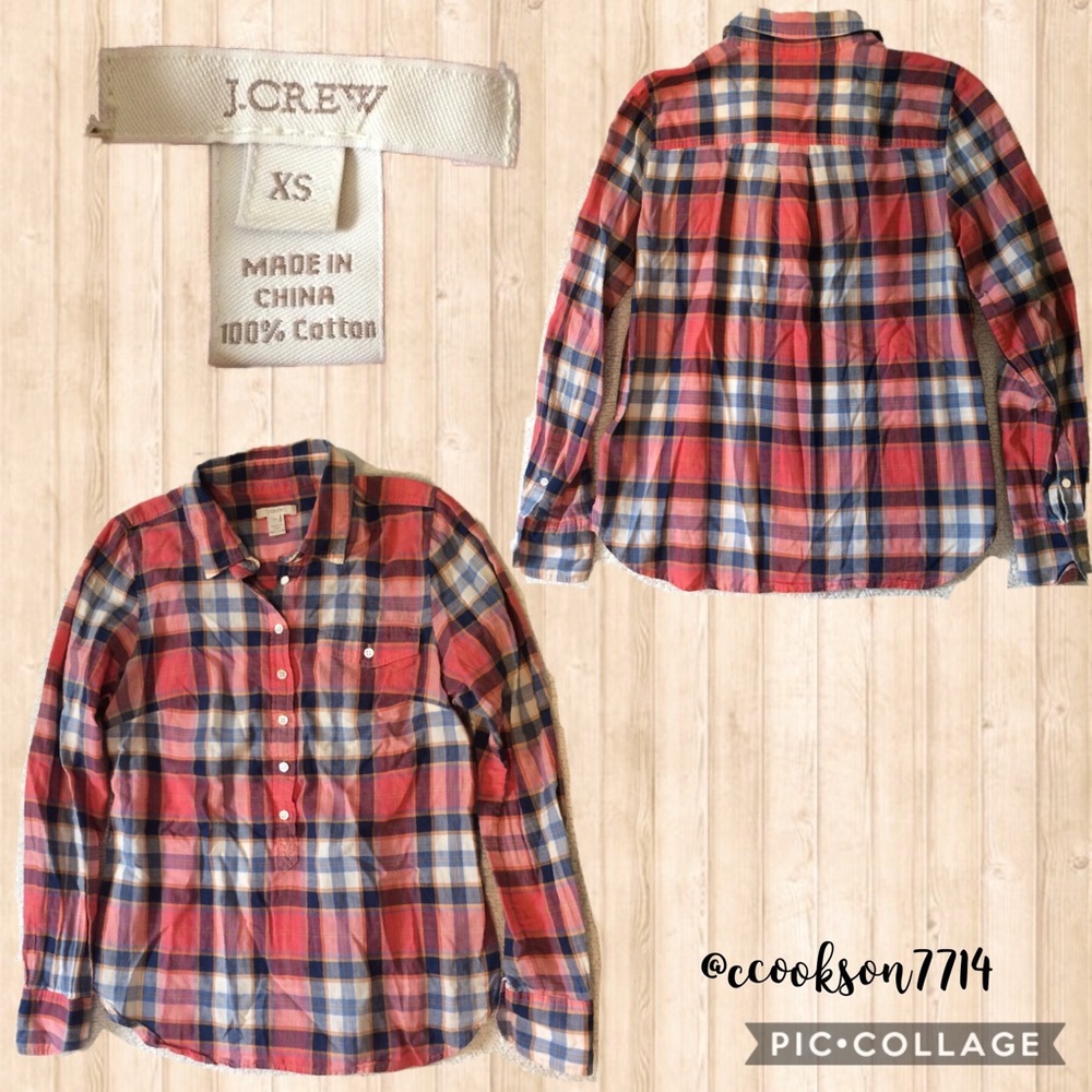 sale J.crew sz xs salmon/blu plaid blouse - Picture 2 of 6